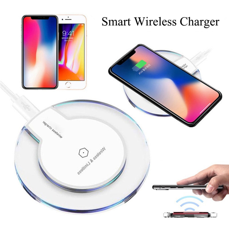 Tapis de bureau en cristal chargeur sans fil 5W Smart QI Micro-USB socle cristal disque Transparent chargeur rapide pour iPhone 11Pro XS X 8 + 8