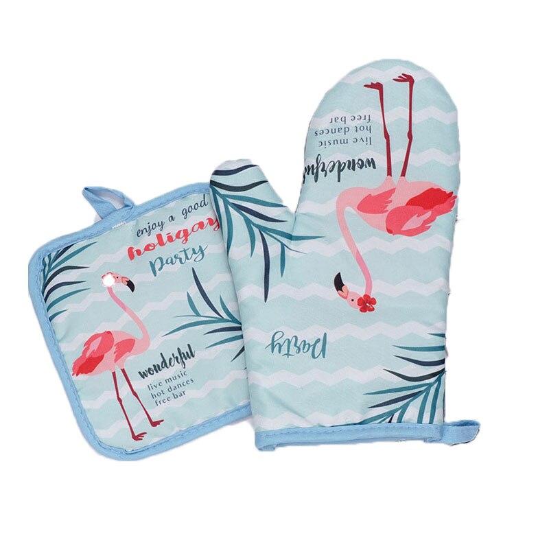 2PCS 1 Set Cotton Flamingo Kitchen Pad Cooking Microwave Baking BBQ Oven Potholders Oven Mitts Kitchen Gloves Mitts