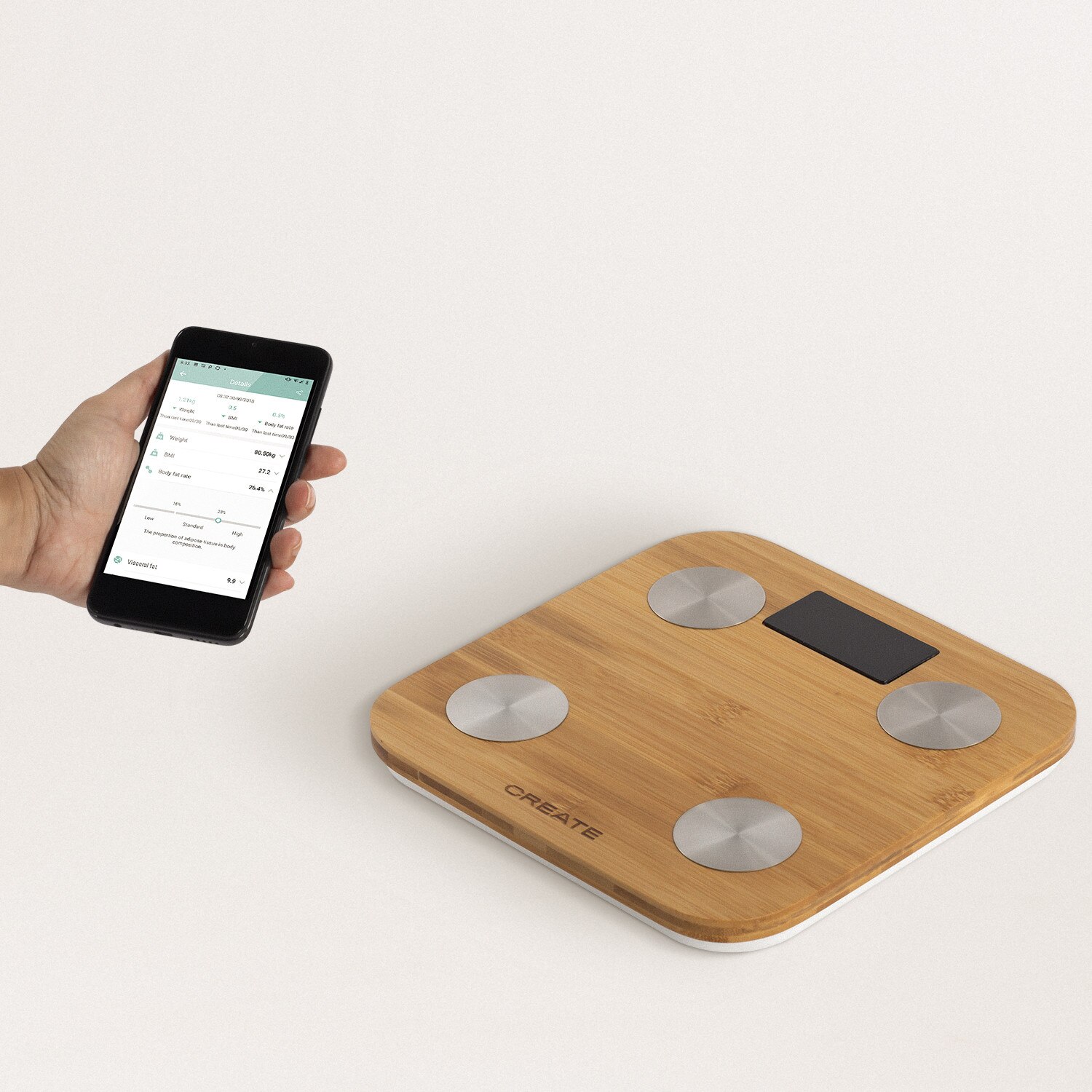 CREATE-BALANCE BODY BAMBOO SMART, Báscula de Baño de Bioimpedancia de Bambú, 12 Parámetros Bio-corporales, Conectividad WiFi APP