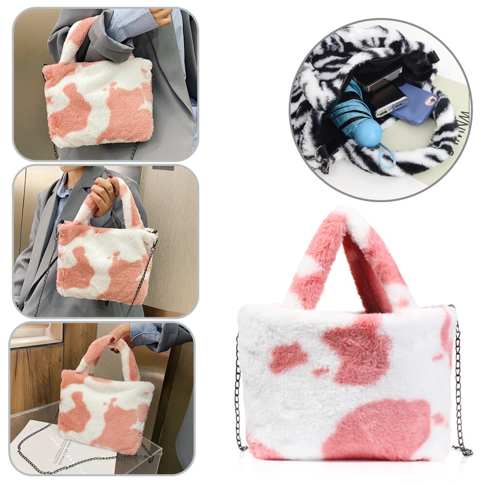 Winter Pluizige Grote Schoudertas Messenger Bag Voor Vrouwen Luipaard Zebra Print Onderarm Zakken Zachte Pluche Warme Bont Zakken met Ketting