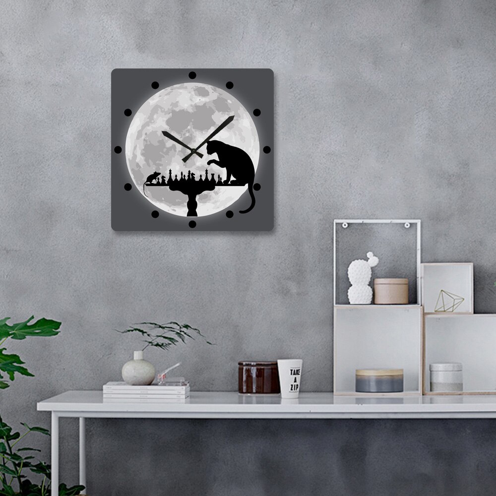 Cat Playing Chess with Mouse The Moon Background Square Wall Hanging Clock Animal Hunting Board Game Wall Watch Pet Lover