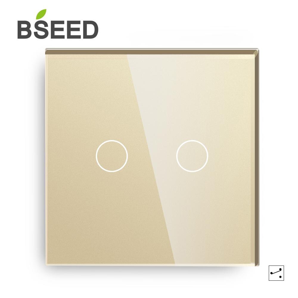 Bseed Touch Switch 2Gang 1Way 2Way Wall Switch EU Standard Luxury Glass Panel Touch Light Switch Black White Golden Switches