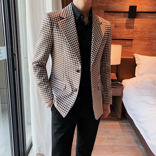 Veste de Costume Slim et décontractée pour Homme, blazer à carreaux, Style britannique, manteau d'affaires, de rue, pour mariage, printemps, 2022: coffee / XL