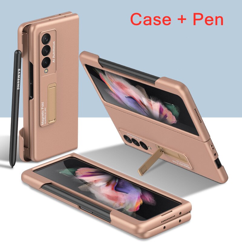 Magnetische Kickstand Pen Houder Slot Case Voor Samsung Galaxy Z Vouw 3 Case Met Mobiele Telefoon Stylus Pen Matte Hard pc Cover: Rose Gold With Pen