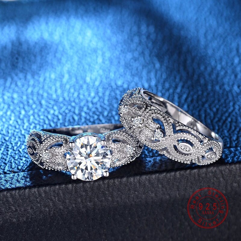 White CZ Stone Ring Sets Silver Color Hollow Out Rings Wedding For Women Couple Ring For Lover Accessories