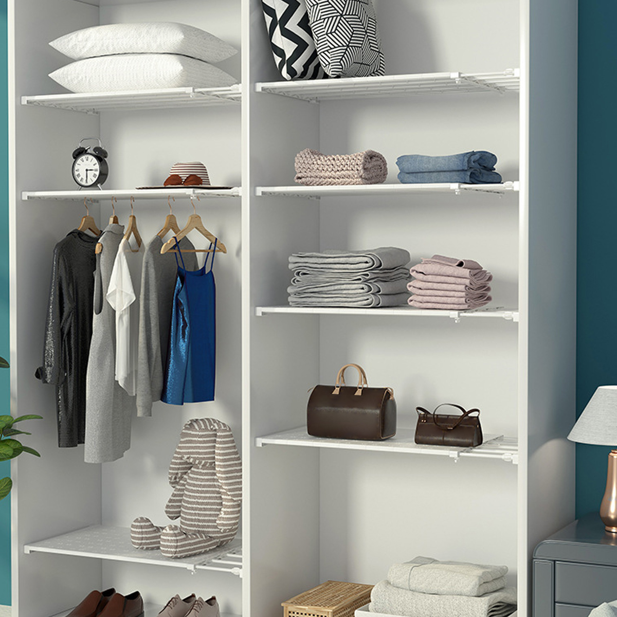 1-5Pcs Retractable Closet Divider Adjustable Wardrobe Closet Organizer Shelf Extendable Storage Tension Rod Rack Cabinet Holder