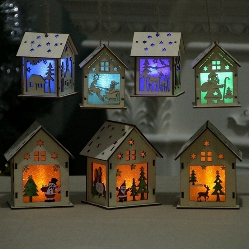 Christmas Led Light Wood House Cute Christmas Tree Hanging Ornaments Decoration Figurines Merry Christmas