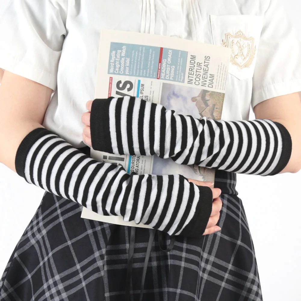 Vrouwen Winter Warme Lange Mouwen Handschoenen Vingerloze Streep Hiphop Gebreide Elleboog Wanten Elastische Outdoor Warmer Arm Halloween