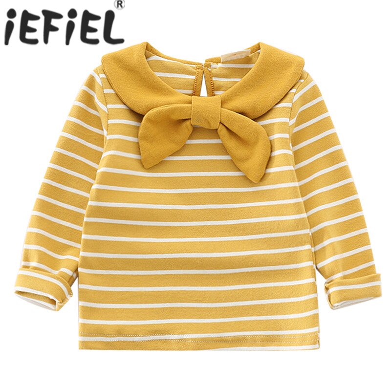 Lente Leuke Meisje T-shirt Katoen Lange Mouwen Revers Streep Top Kinderen T-shirt Baby Kleding Dieptepunt Shirt Voor Kinderen