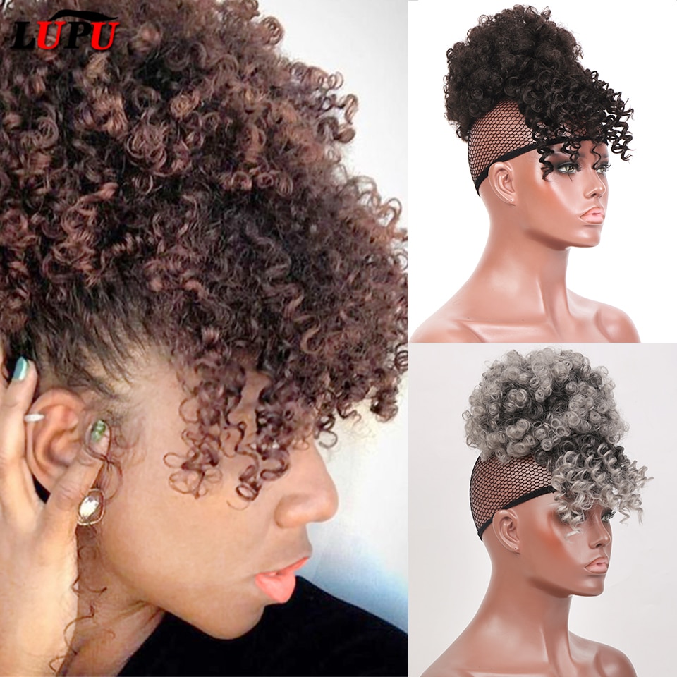 LUPU Synthetic Hair Bun High Puff Afro Kinky Curly Chignon Clip In Hair Extension Drawstring Ponytail With Bangs Heat Resistant