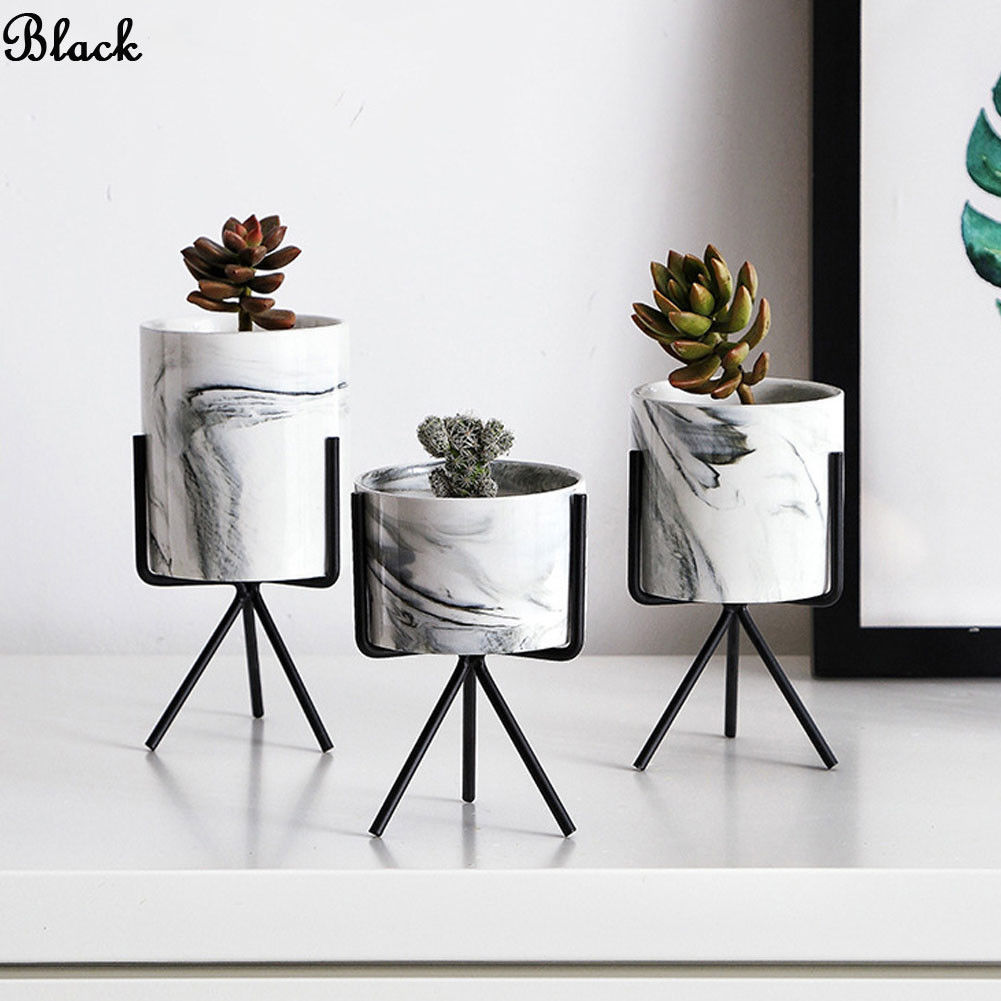 2pc/ sett keramisk blomsterpotte planter pennholder dekor vase stativ + jernstativ hage hjem blomsterpotte holder planter: Svart / medium