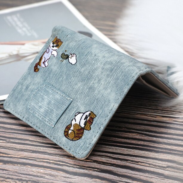 Jeans Stijl Portemonnee Kat Geborduurde Canvas Patroon Grote Capaciteit Gesp Houdt Mobiele Telefoon Pocket Decoratieve Vrouwen Tas