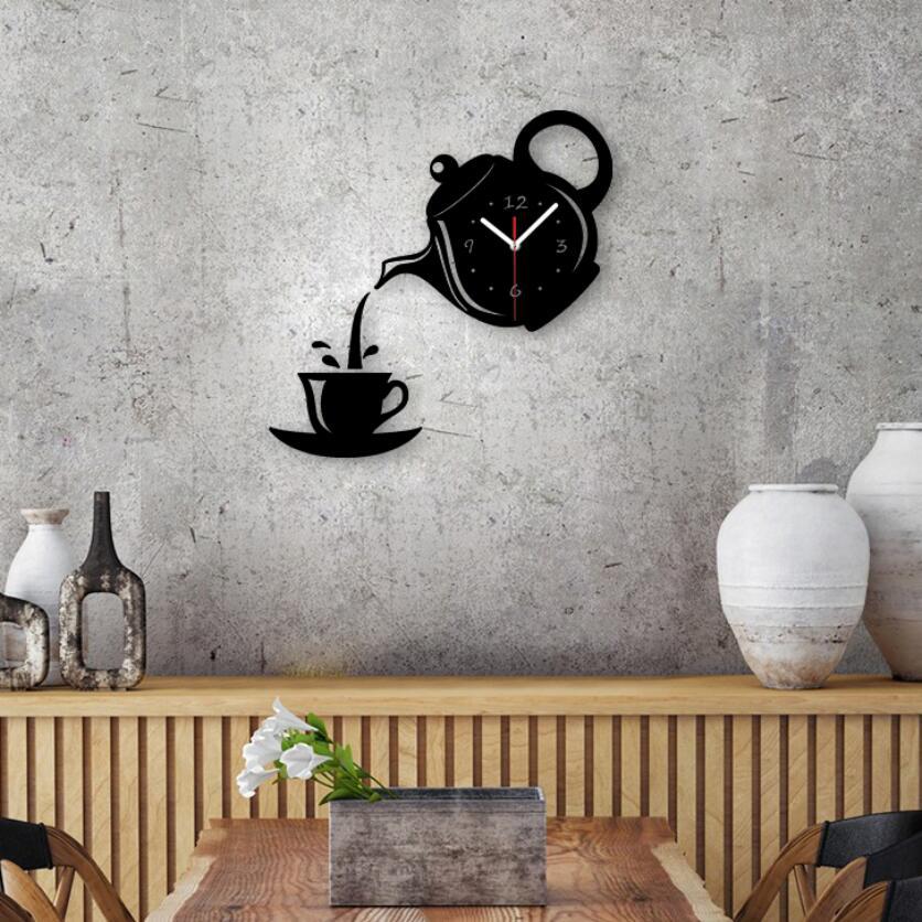 Large Wall Clock 3D Coffee Cup DIY Silent Wall Sticker Clock Wall Clocks Decor Adhesive Acrylic Room Living Mirror Home Self