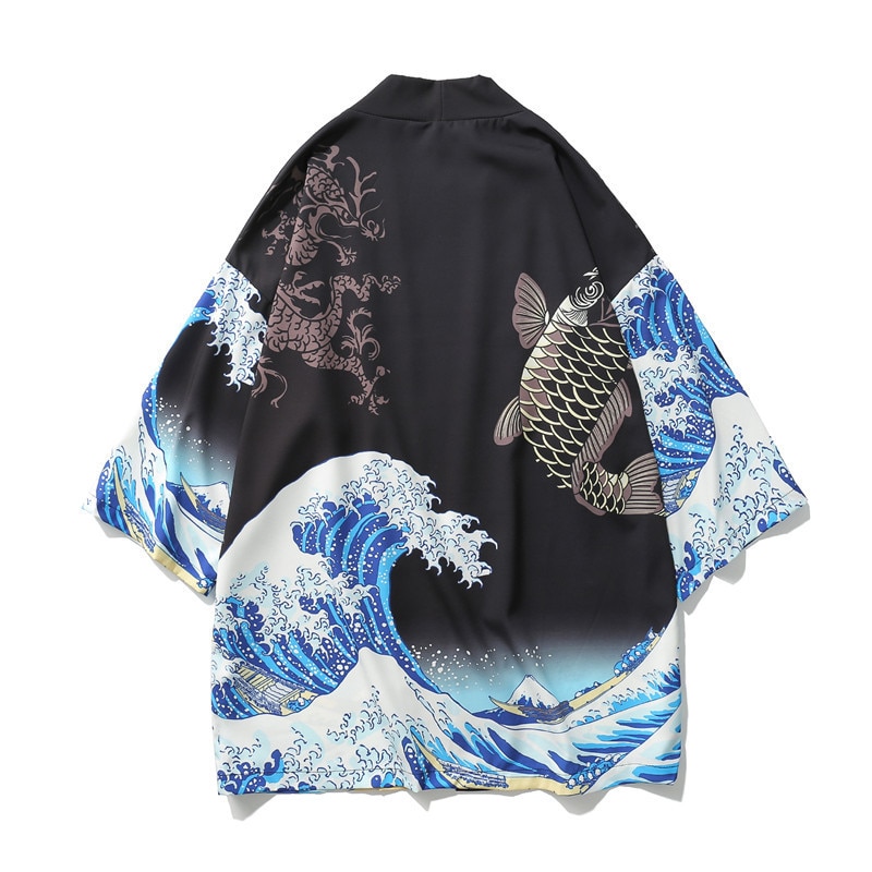 Japanese Style Carp Printing Kimono Haori Traditional Men Women Three Quarter Cardigan Shirt Thin Section Asian Clothes