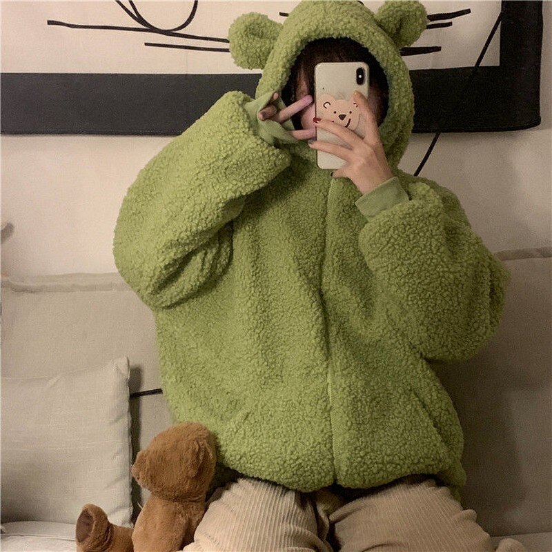 Nicemix varm fleecejakke til kvinder solid lodnet lynlås hættetrøjer teddy hættetrøje femme jakke dame plus size hættejakke i plys: Grøn / M