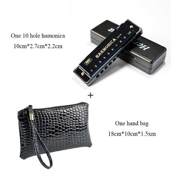 10 Hole Blues Harmonica - C Tone - Tremolo - Metal Body - with Bag: Black with bag