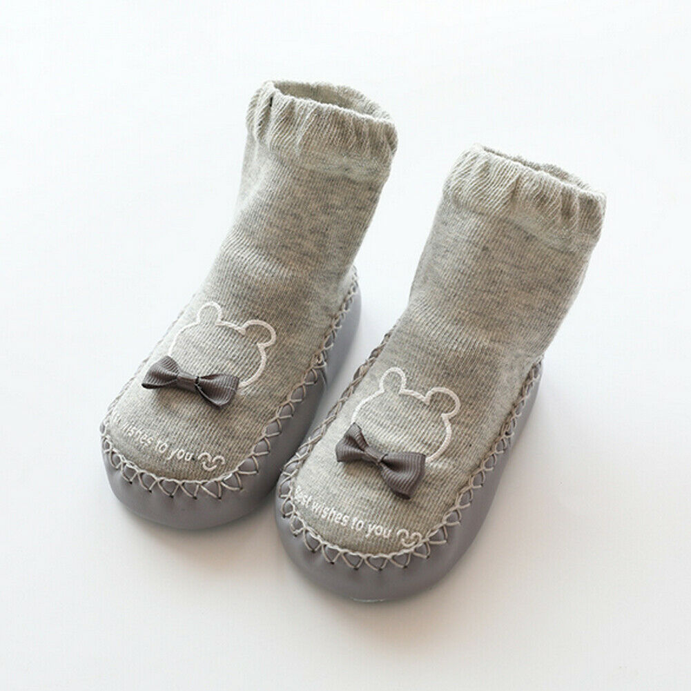 Baby Sokken Baby Leuke Cartoon antislip Katoen Peuter Vloer Sokken Kinderen Schoenen Slipper Strik Naaigaren Sokken: Grijs / L for 10 to 14M