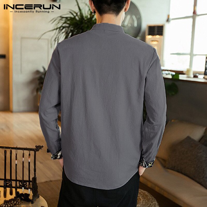 Incerun vintage heren overhemd katoen lange mouw effen mandarijn kraag streetwear camisa chinees traditioneel casual heren overhemd
