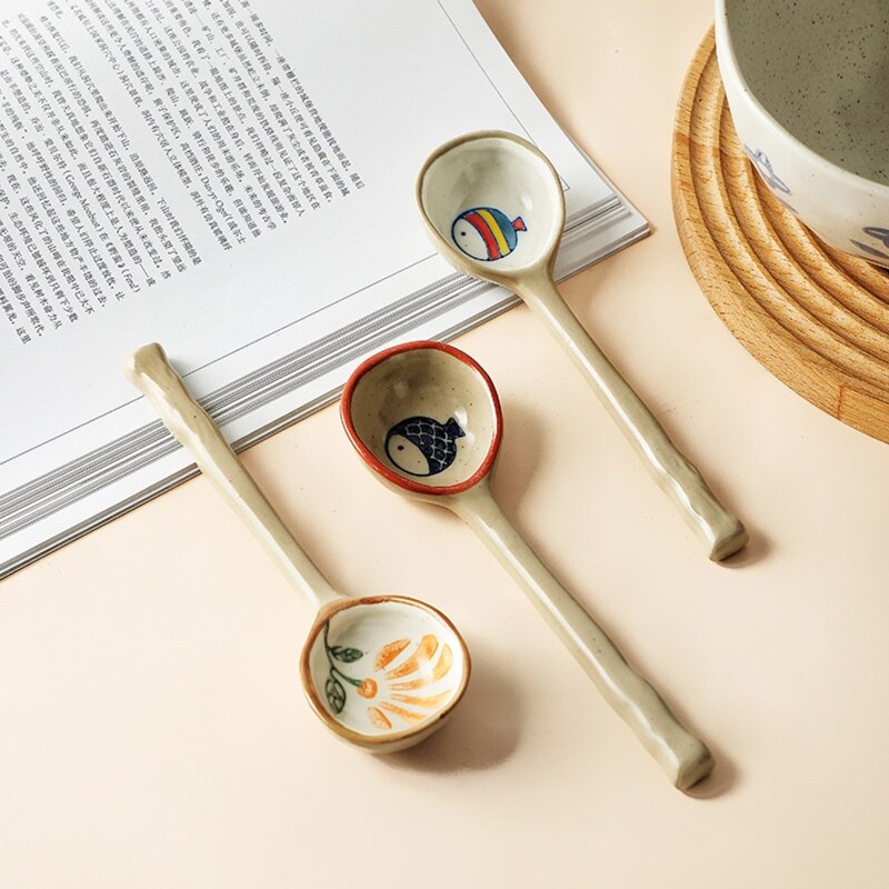 Cuillère en céramique de Style japonais, cuillère de table en céramique peinte à la main