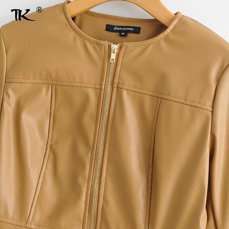 Chaqueta de retales de Pu para mujer, abrigo de manga larga con cuello redondo y cremallera, chaqueta ajustada lisa, informal,
