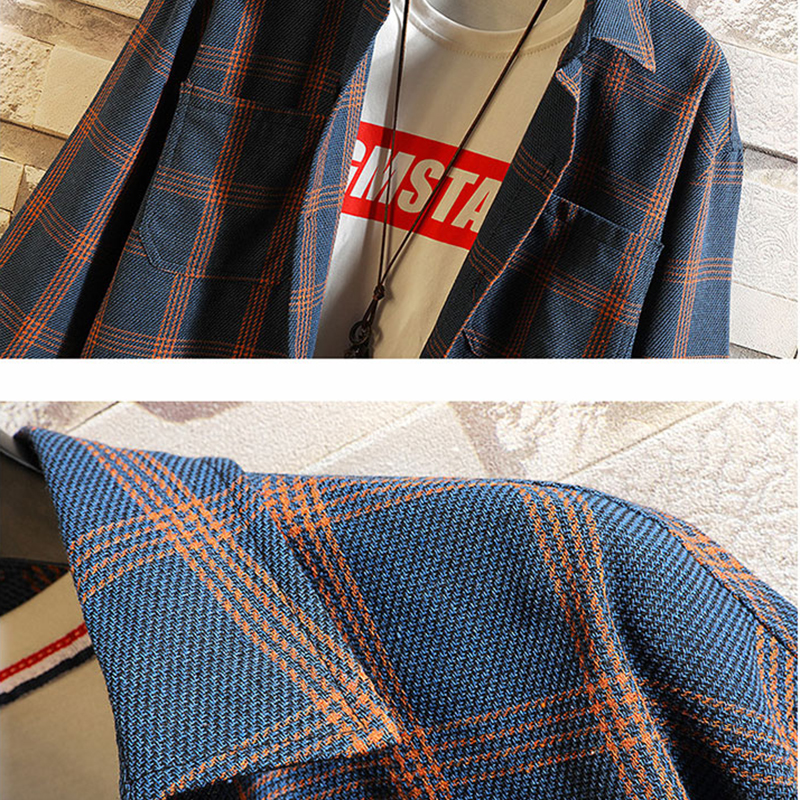Afslappet herre trekvart skjorte japansk streetwear rutet stribe koreansk skjorte til mænd flannel vintage chemise skjorte herretøj
