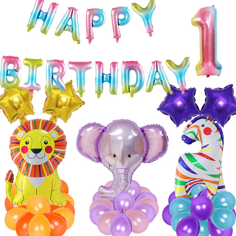 Happy Birthday Banner Animal Balloons Zoo Theme Lion Flamingo Elephant Foil Ballons Baby Shower Party Decoration Supplies