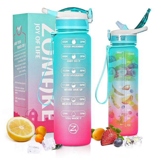 Zomake 1L/32Oz Motivatie Water Fles Met Stro & Tijd Marker, lekvrij & Bpa Gratis Flessen Water Fruit Zetgroep Voor Fitness: Green Red  1L