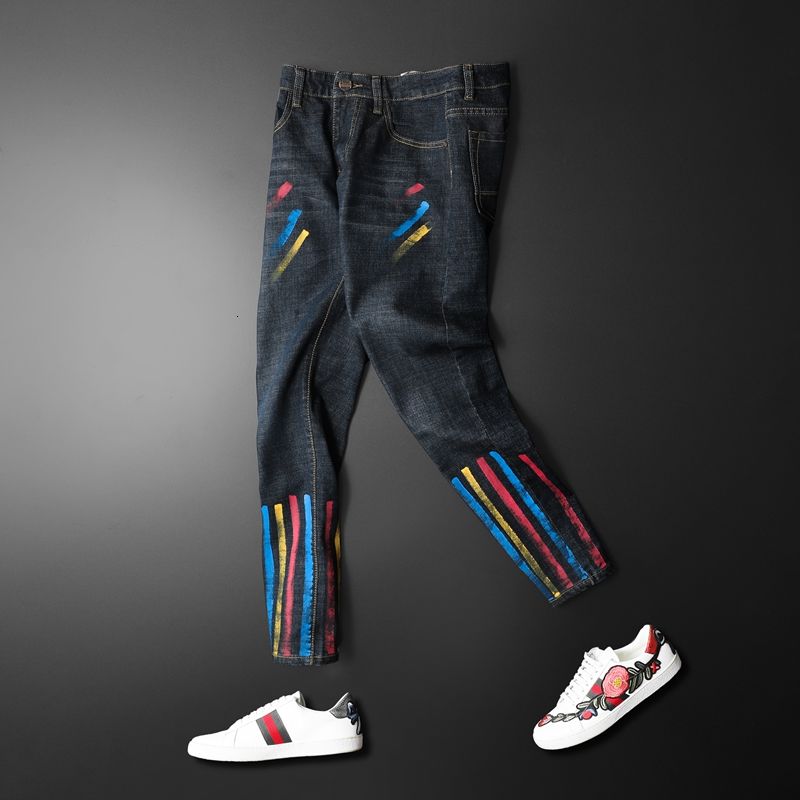 Kleur Strepen Jeans Mannen Elastische Kracht Punk Nachtclub Persoonlijkheid Straight Gedrukt Jean Man Trendy Gekleurde Tekening Denim Broek: 28