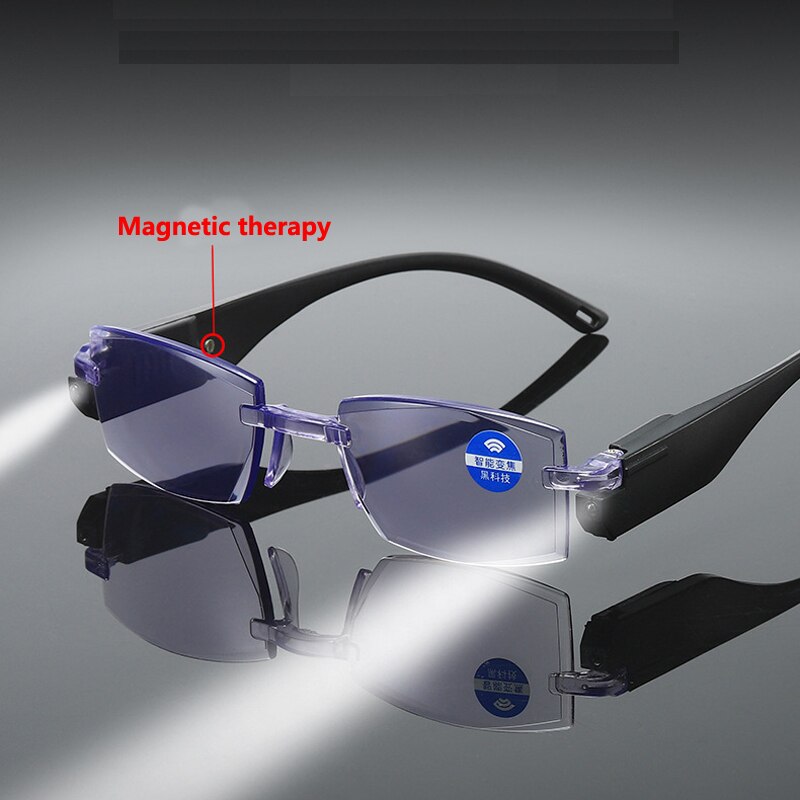 Anti-blue Light Reading Glasses Distance And Near Dual-use Rimless Edge-cutting Eyeglasses With Led Light For 100-350 Degree