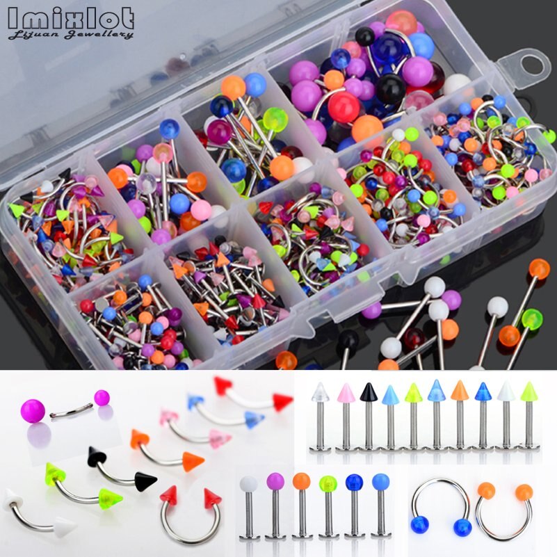 45Pcs Mixed Acryl Spike/Bal Navel Wenkbrauw Lip Tong Ring Neusringen Studs Buik Piercing Barbell Lichaam Sieraden