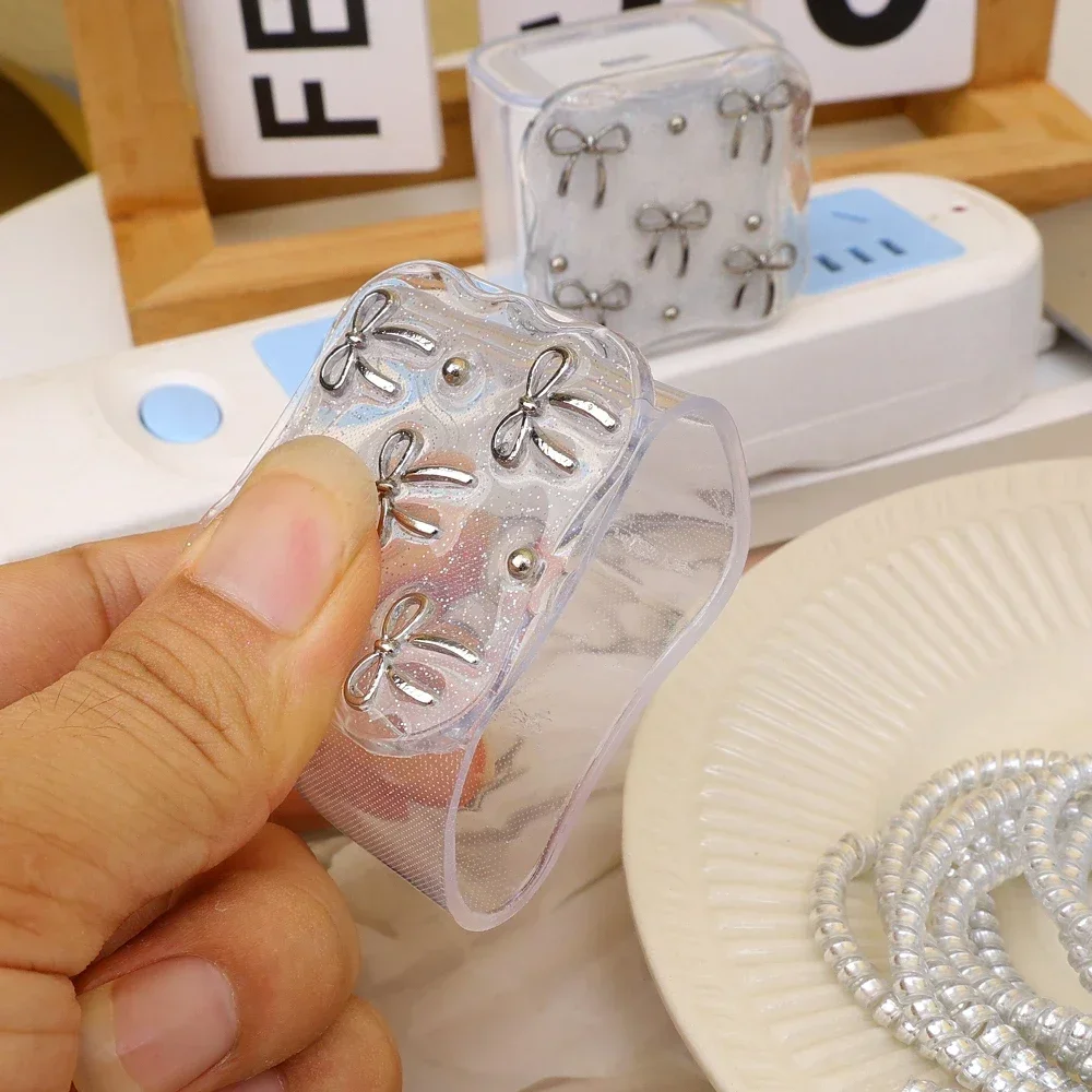 Voor iphone-opladers ipad-stekkeradapter 18w 20w transparante schattige tpu-opladerhoes met strikje, kabeloproller en beschermset