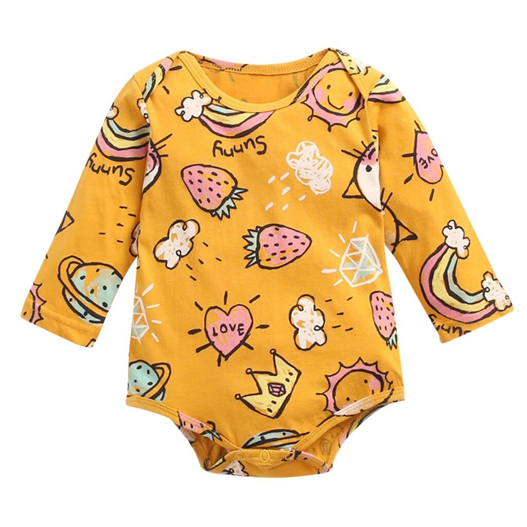 Bébé garçons filles dessin animé impression body -né infantile bébé à manches longues barboteuse Onesies enfant en bas âge doux vêtements barboteuses pour 0-3y: YELLOW / 2-3 Years