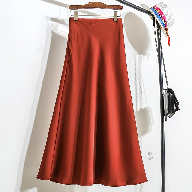 Højtaljet a-linje nederdel til kvinder satin silke ensfarvede nederdele kontordame elastisk talje dame lang nederdel sommer: Xl / Rød