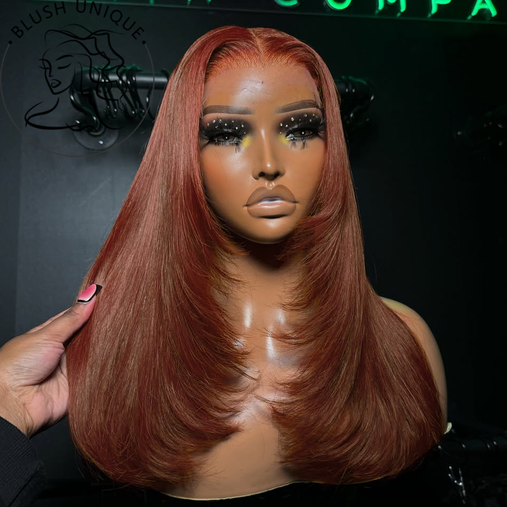 Pelucas delanteras de encaje con corte en capas de color rojo cobrizo, peluca Frontal de encaje recto marrón rojizo, pelucas sin pegamento en capas, corte de pelo sintético de mariposa