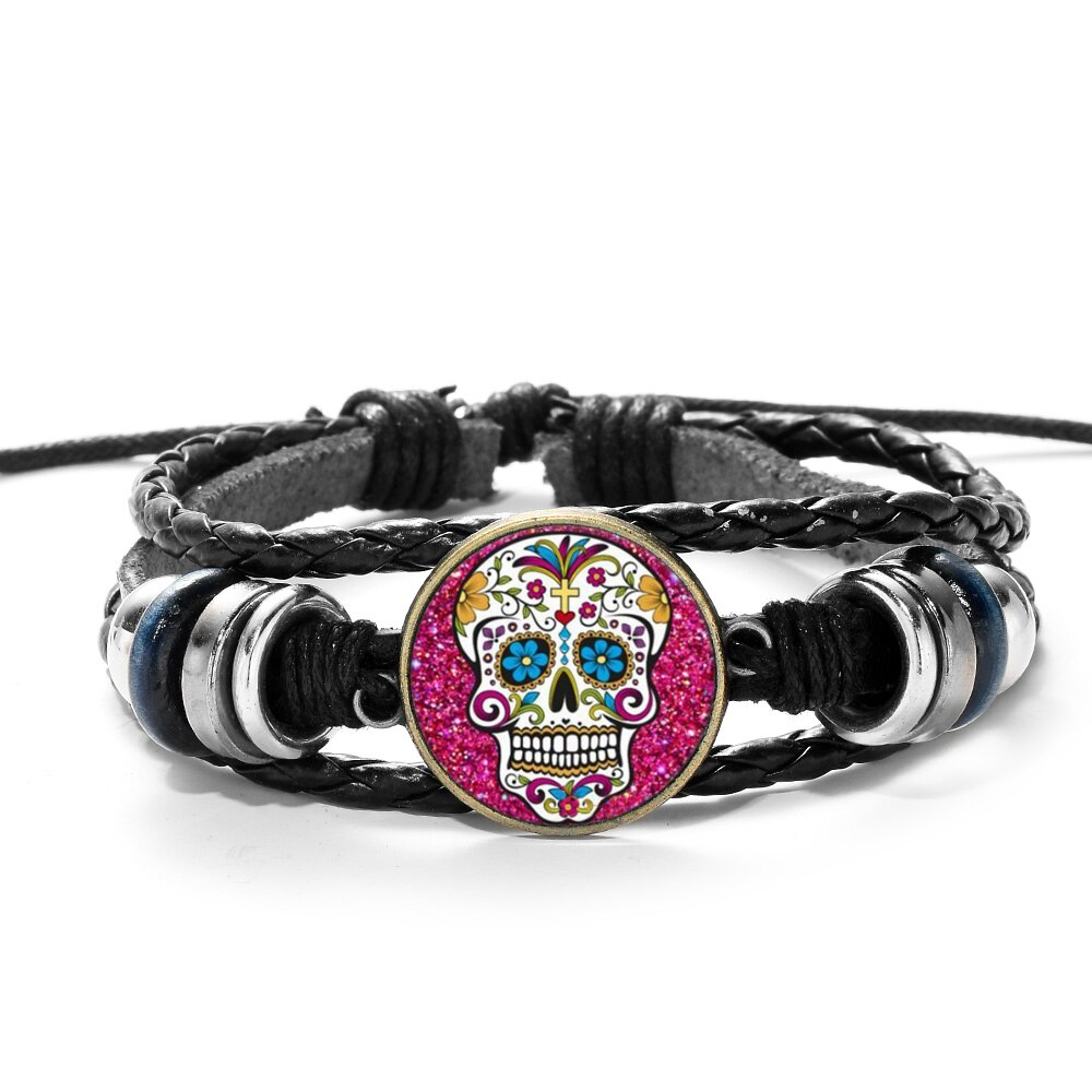 SIAN Sugar Skull Mexico Folk Art Patterns Bracelet Multilayer Braided PU Leather Bracelet Men Women Day of The Dead Special