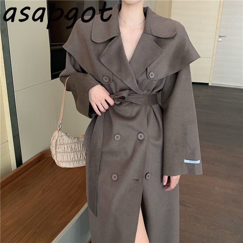 Chic Vintage blanc revers Double boutonnage Trench femmes à lacets longues taille manteau de laine automne hiver tempérament en vrac
