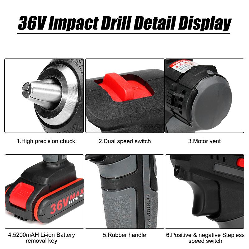 25+3 Torque 36V Cordless Electric Impact Drill Li-ion Battery Screwdriver LED Working Light DIY Home Hand Flat Drill Power Tools