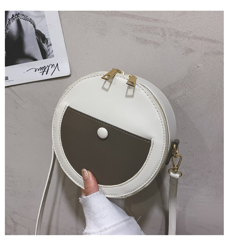 Small Round Shoulder Bag - PU Leather - Single Strap - Zipper Closure - Casual Tote: White