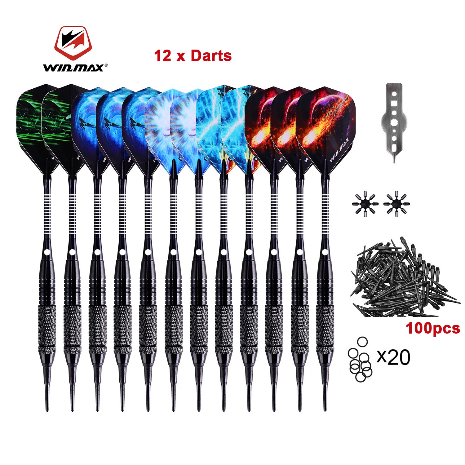 WINMAX 12 Pcs Darts Flights Set 18g Soft Tip For Electronic Dart Board Aluminium Shafts 100 Dart-Head 20 Anti-Loose Rubber Rings