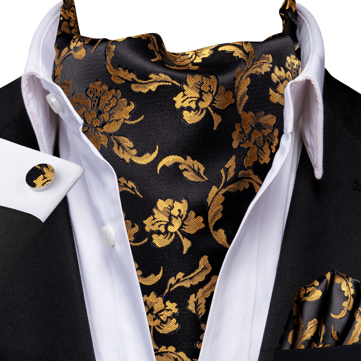 Hi-Tie Silk Mens Ascot Pocket Square Cufflinks Set Jacquard Paisley Floral Vintage Cravat Tie for Male Red Blue Green Gold Pink: Cyan
