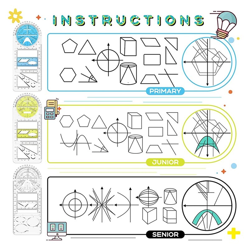 3 Pieces Multifunctional Geometric Ruler Mathematics Drawing Ruler Measuring Tool Geometric Measuring Draft Rulers