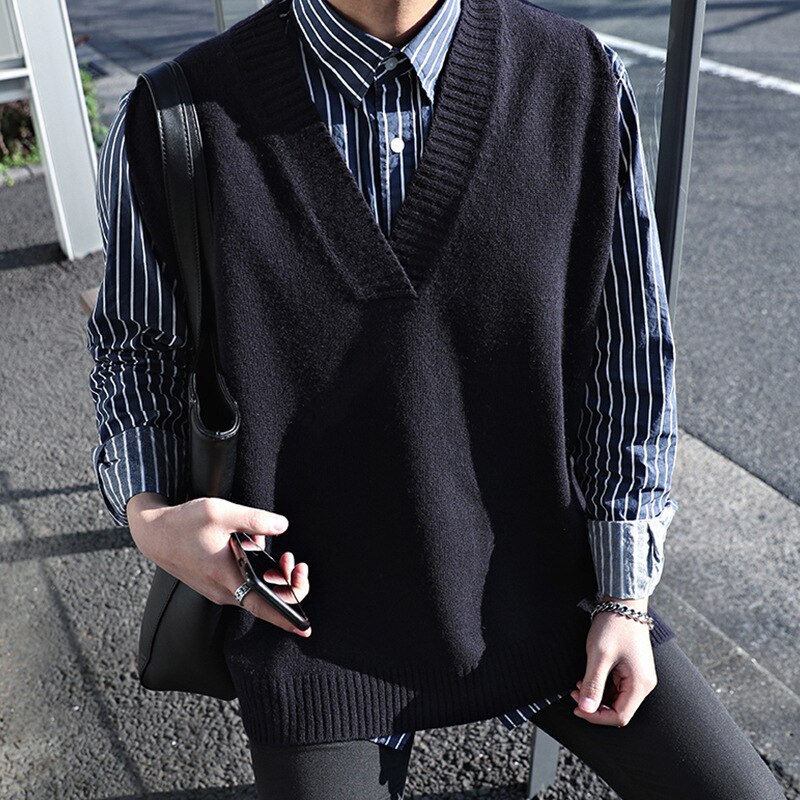 Sweater Vest Men V-neck Sleeveless Solid Simple All-match Leisure Mens Knitted Vests 2XL Oversize Chic Preppy Style Daily