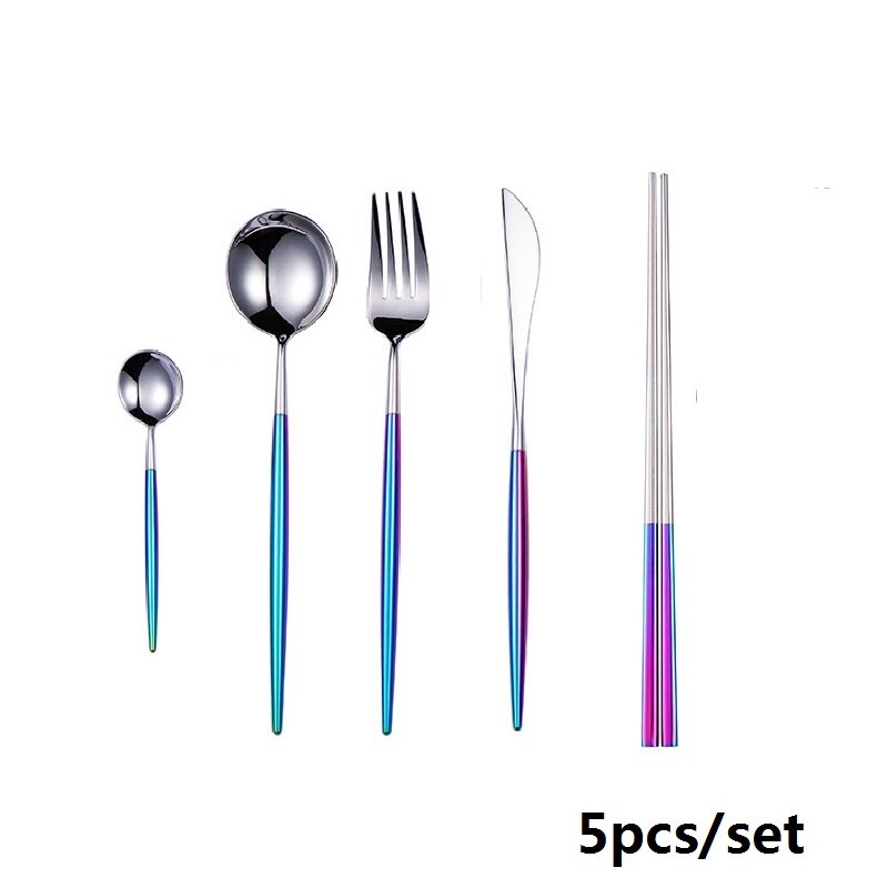 Färgglada bestick set rostfritt stål ätpinnar middag kniv sked gaffel tesked servis set jul silver fest: Silverbestick 5 st