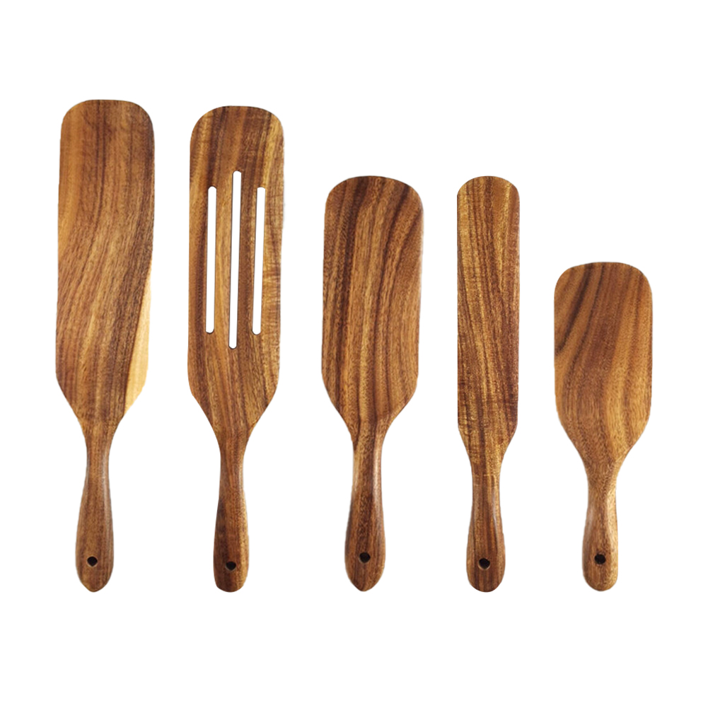 5pcs Spatula Wooden Spurtle Set Stirring Heat Resistant Non Stick Cooking Utensil Kitchen Tool Slotted Turner Serving Home