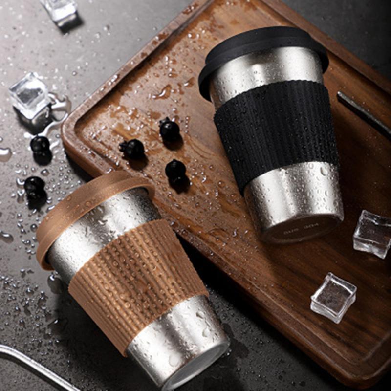 Stainless Steel Coffee Cup with Silicone Lids Non-slip Anti-scalding Sleeves Drinking Tumblers Beer Milk Tea Coffee Mugs 400ml
