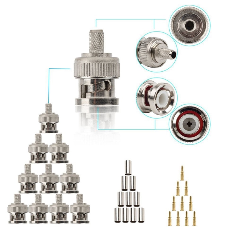 1 sæt coax rf / bnc krympeværktøj til  rg58 / rg59 / rg6 med 10 stk bnc plug crimp stik sæt tænger klemme sæt