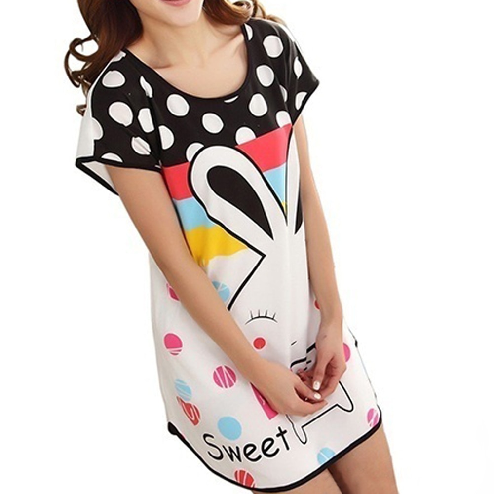 Women Cotton Sleepshirts Summer Short Sleeved Lovely Printed Cartoon Animals Rabbit Indoor Nightgown Sleepwear Free Size