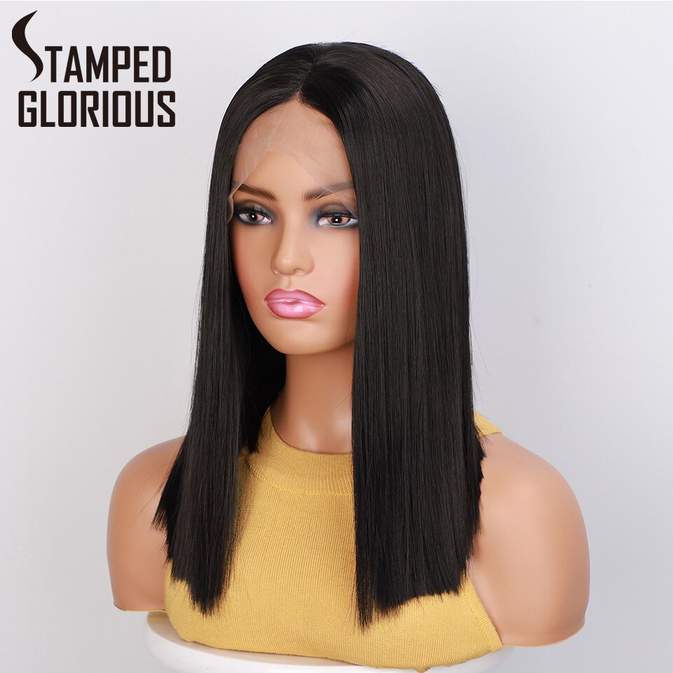 Stamped Glorious Korte Bob Lace Front Pruik Zwarte Rechte Synthetische Pruiken Voor Vrouwen Midden Divisie Gemiddelde Grootte Cap
