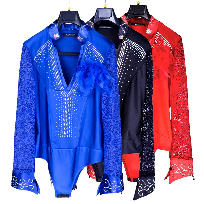 Ballroom Latin Dance Shirts Male Black Long Sleeve Lace V Collar Shirt Men Samba Cha Cha Dancing Tops Performance Wear
