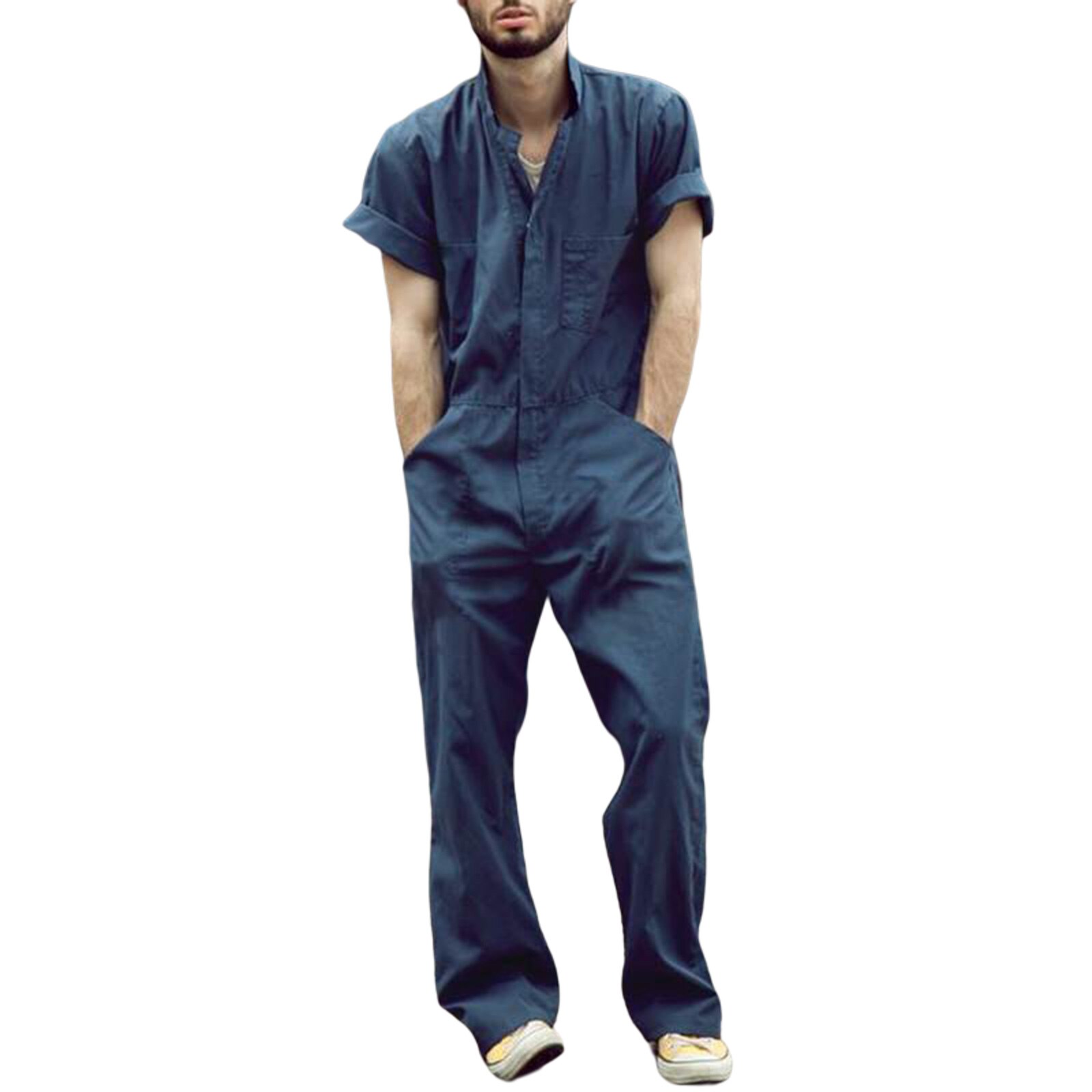 Mannen 'S Jumpsuit, Volwassenen Effen Kleur Turn-Down Kraag Korte Mouw Romper Playsuit Voor Zomer Herfst